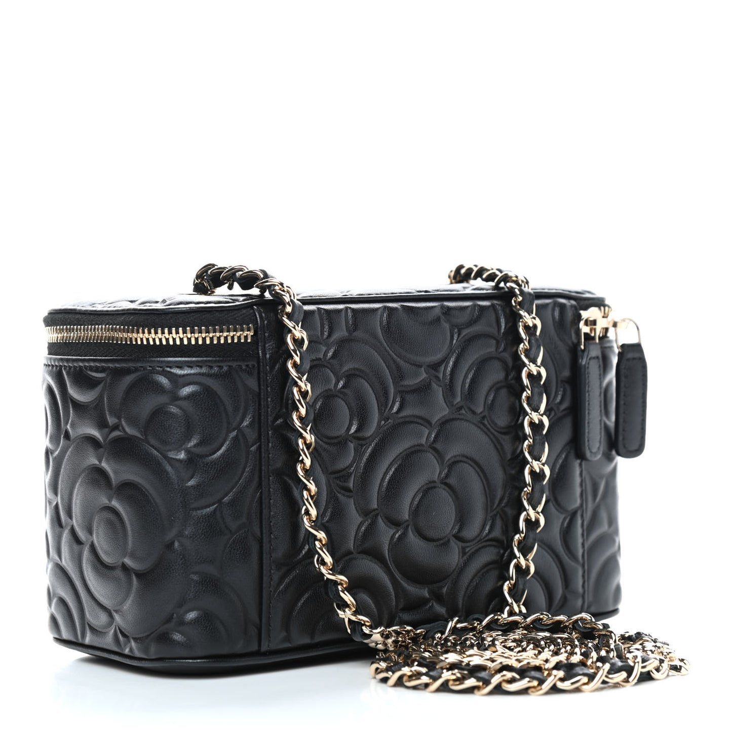 Lambskin Camellia Embossed Small Vanity Case With Chain Black