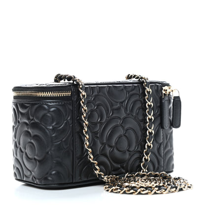 Chanel Lambskin Camellia Embossed Small Vanity Case With Chain Black 3 of 9