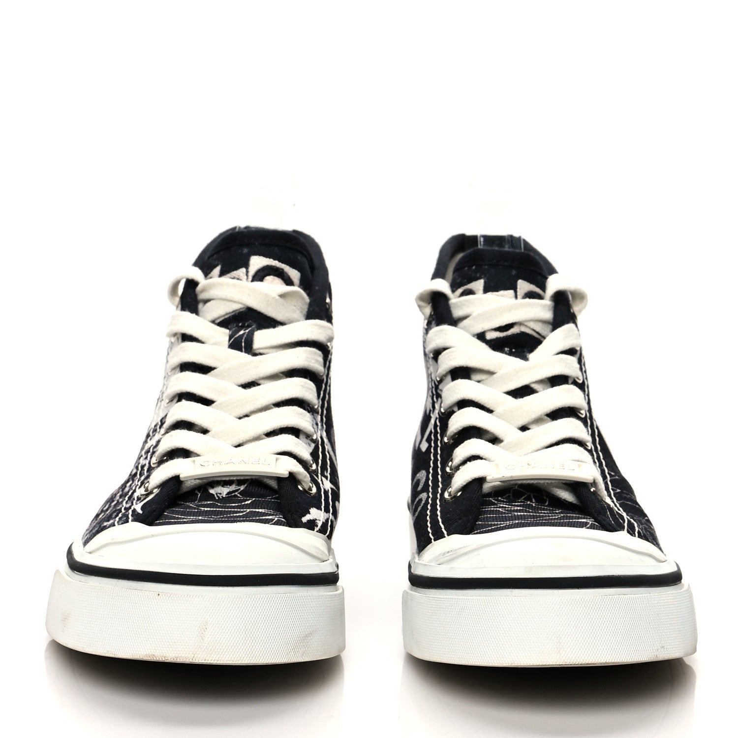 Chanel Printed Fabric High Top Logo Sneakers 37 White Black 2 of 10