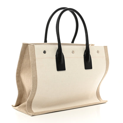 Saint Laurent Linen Calfskin Small Rive Gauche Tote Greggio Natural 3 of 9