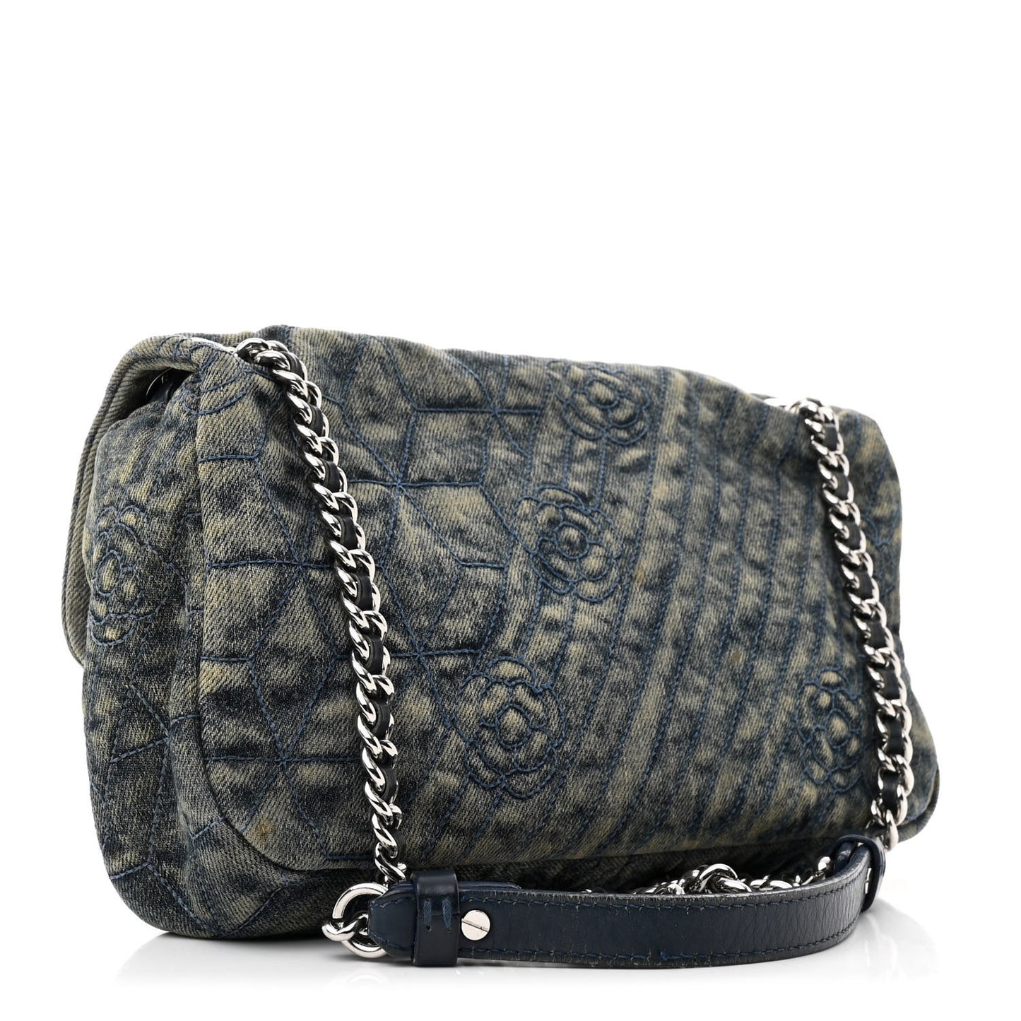 Denim Quilted Camellia Embroidered Medium Flap Blue
