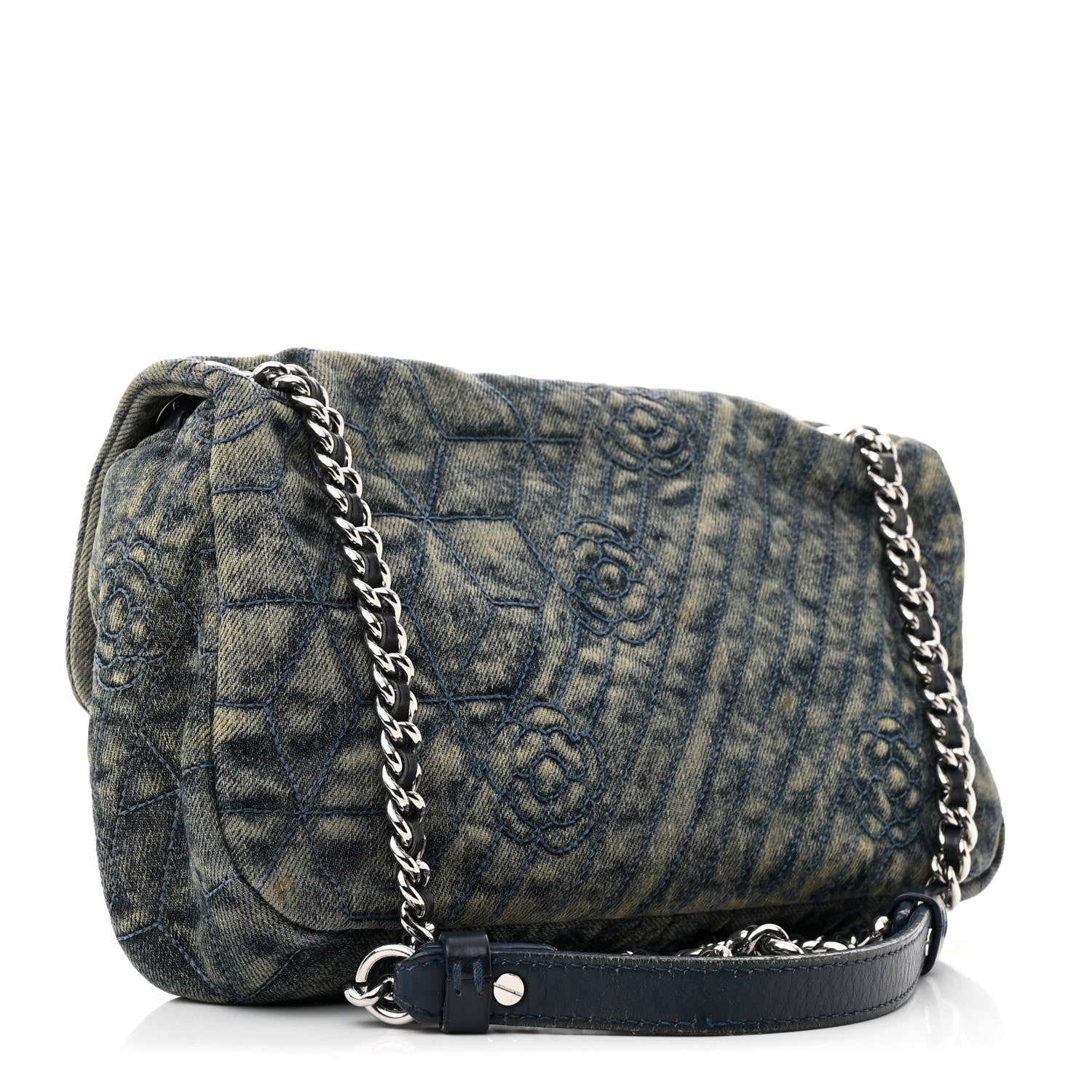 Chanel Denim Quilted Camellia Embroidered Medium Flap Blue 3 of 12
