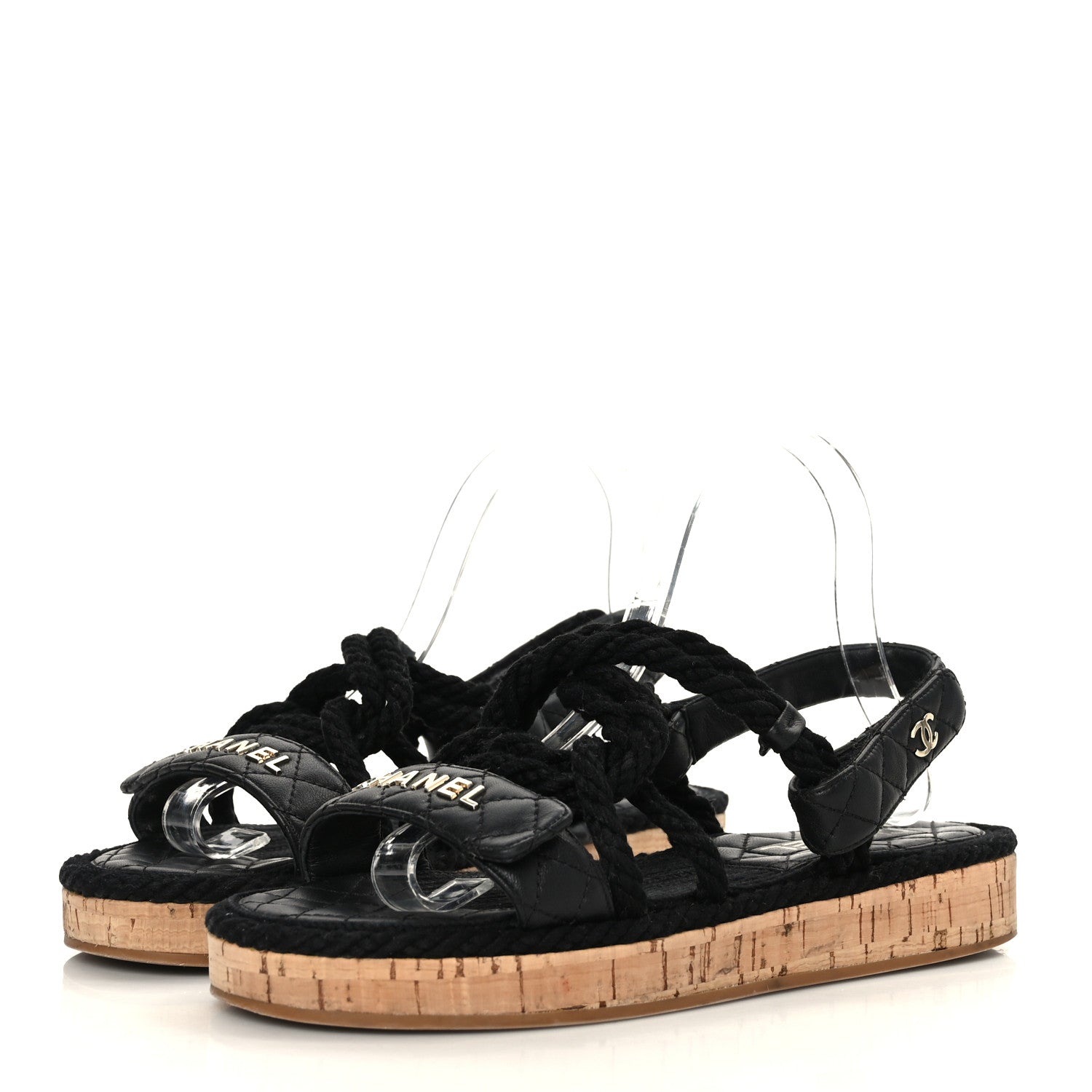 Chanel Cord Lambskin Quilted Logo Sandals 39 Black 3 of 8