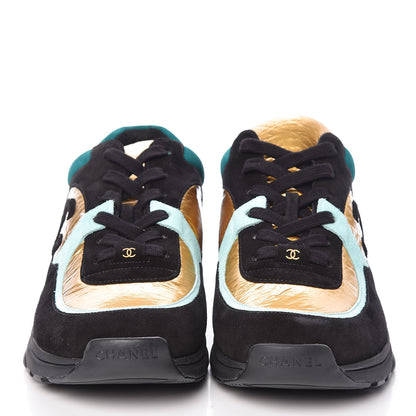 Chanel Fabric Suede Calfskin Sneakers 41 Black Turquoise Gold 2 of 8