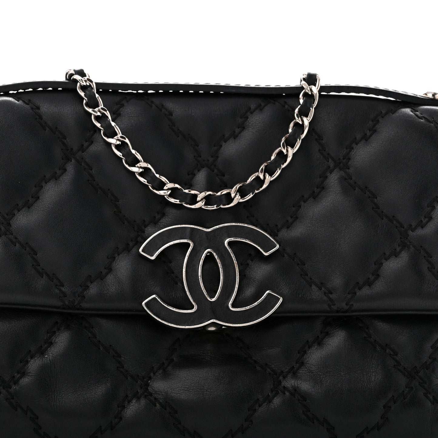 Calfskin Quilted Double Stitch Hamptons Clutch with Chain Black