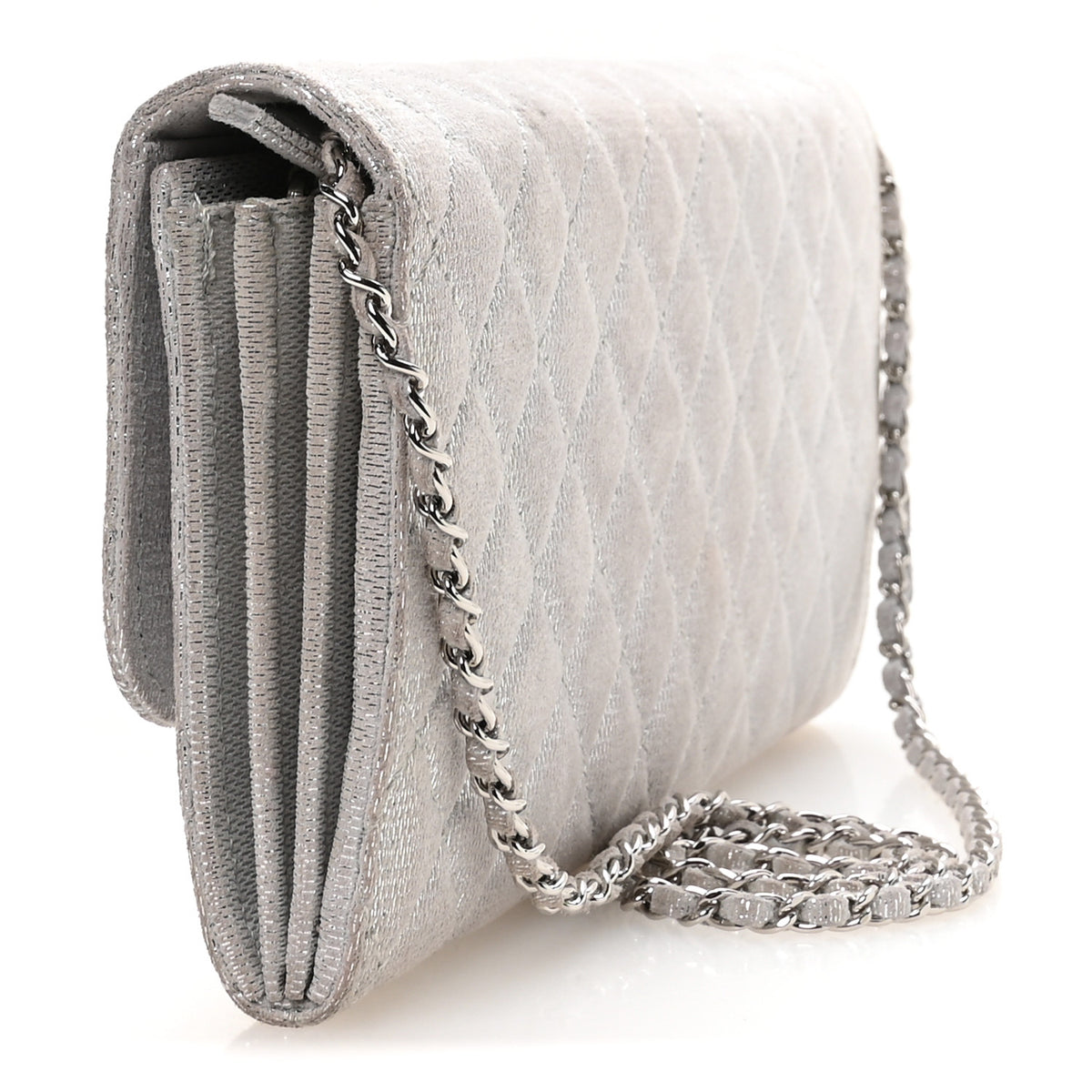 Metallic Suede Quilted East West Flap Clutch Silver
