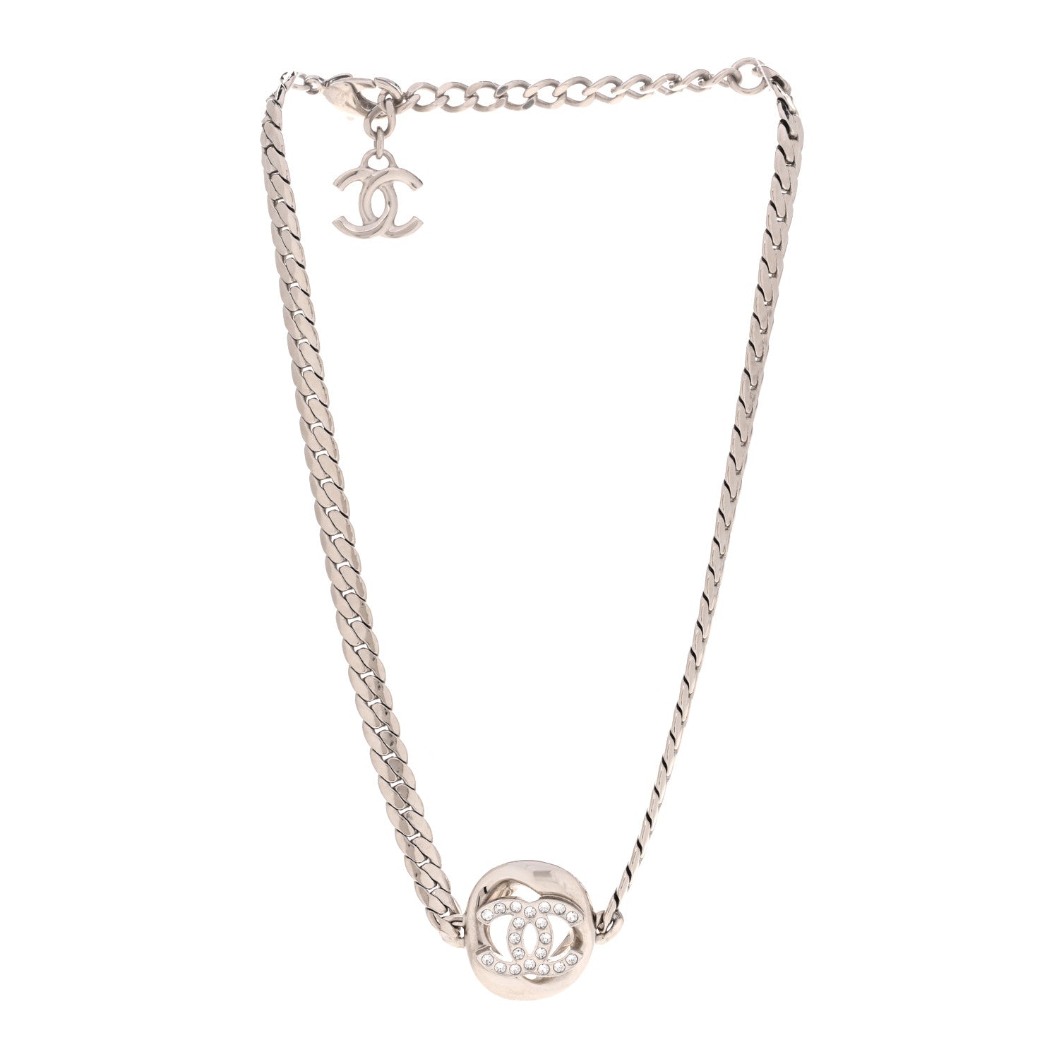 Chanel Metal Crystal CC Choker Necklace Silver 3 of 6