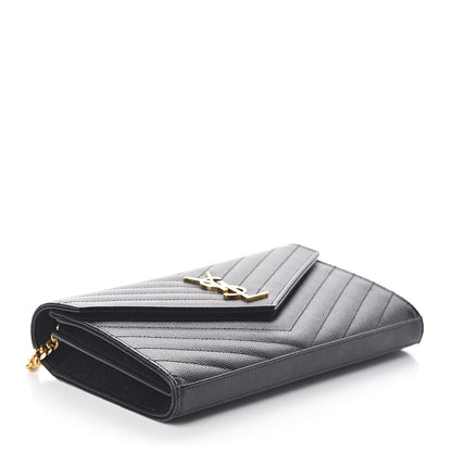 Saint Laurent Grain De Poudre Matelasse Chevron Monogram Chain Wallet Black 4 of 10