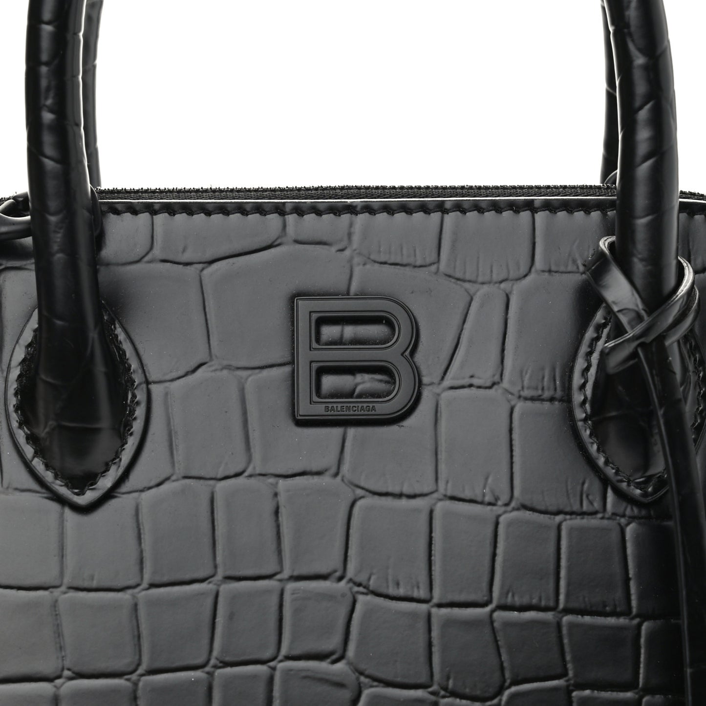 Calfskin Crocodile Embossed S Rivet Ville Top Handle Bag Black