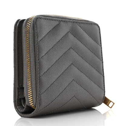 Saint Laurent Grain De Poudre Matelasse Chevron Monogram Compact Zip Around Wallet Fog 3 of 6