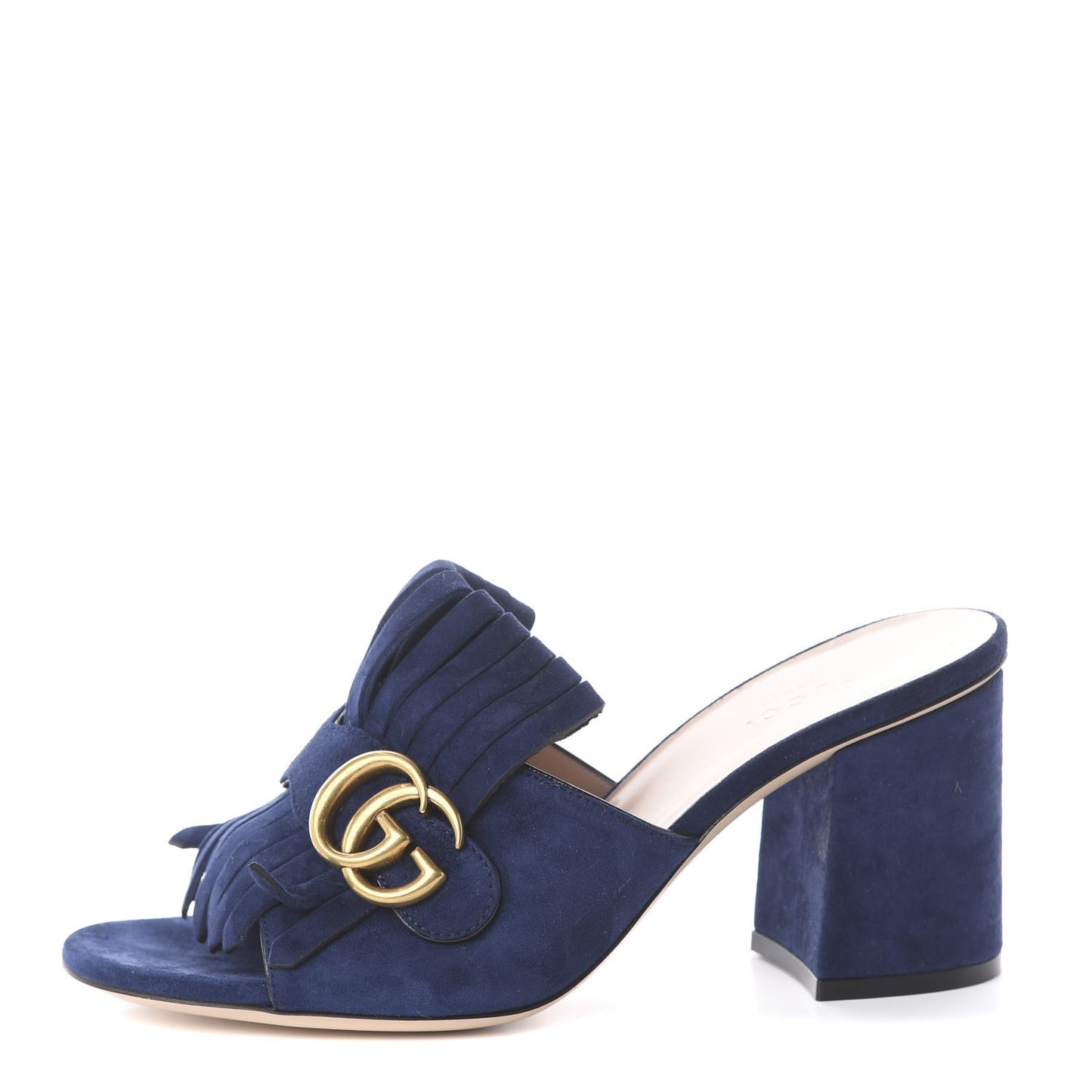 Kid Scamosciato GG Marmont Fringe 75mm Slide Sandals 38 Blue Ink