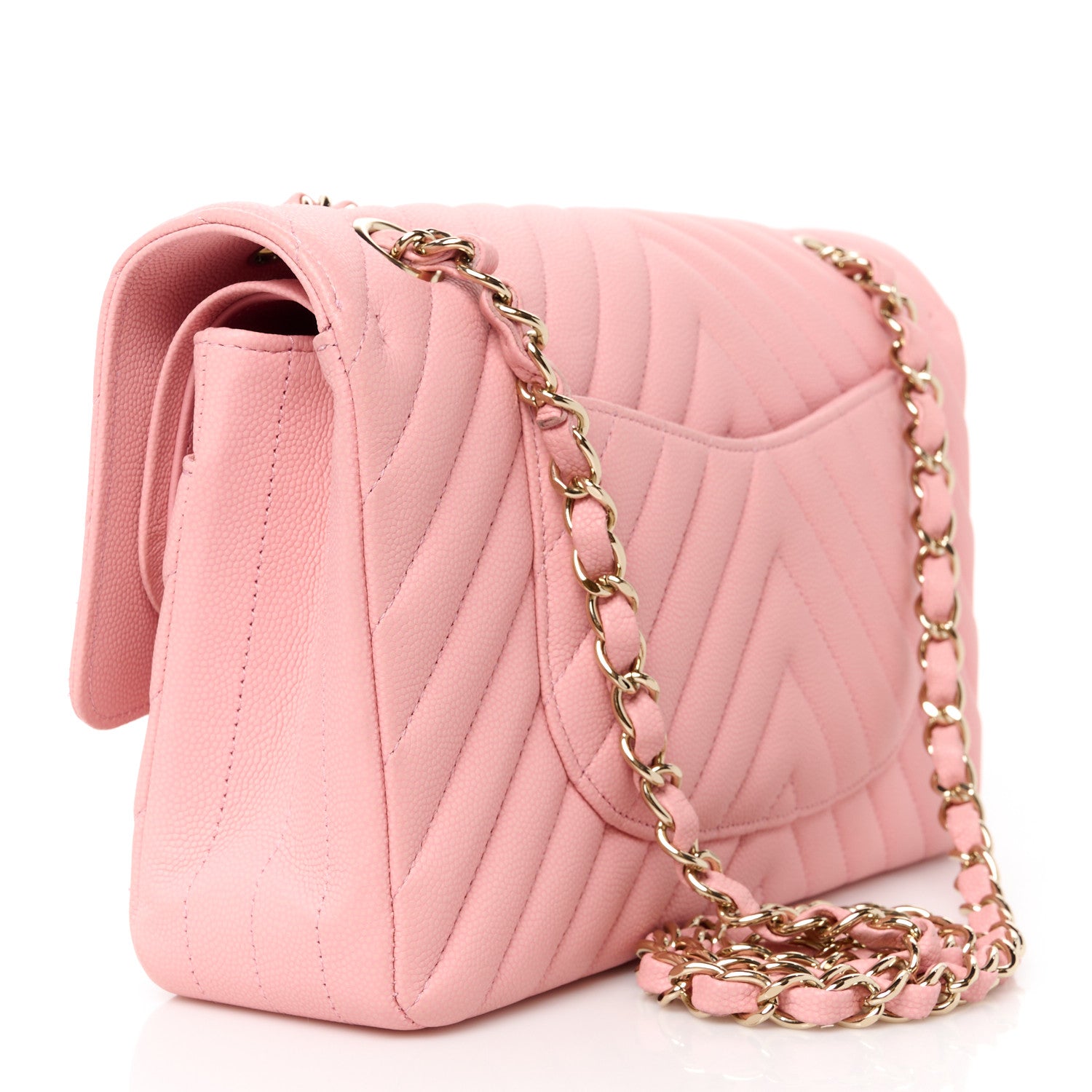 Chanel Caviar Flat Chevron Quilted Medium Double Flap Pink 3 of 11