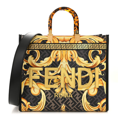 Fendi X VERSACE Calfskin Plexiglass Fendace FF Baroque Print Medium Fendi Sunshine Shopper Tote Black Gold 1 of 10
