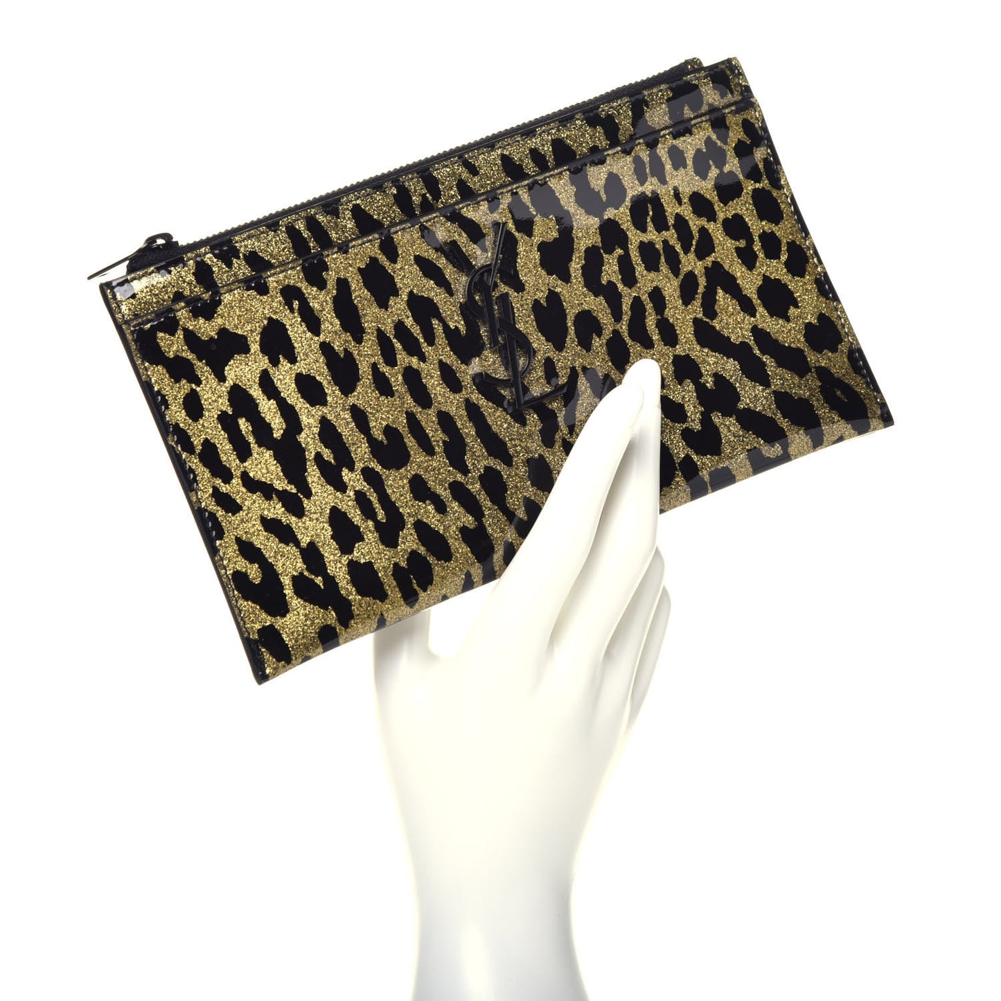Patent Glitter Leopard Monogram Zip Pouch Gold Black