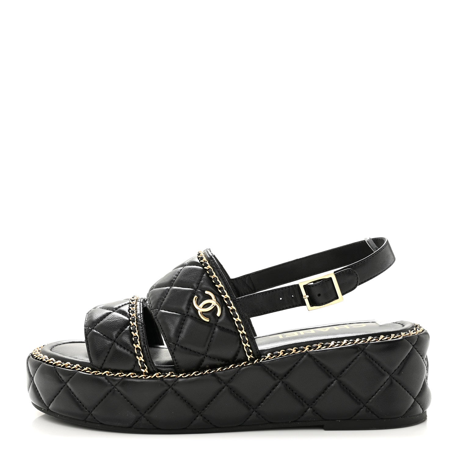 Chanel Shiny Lambskin Quilted Chain Around CC Platform Sandals 40 Black 1 of 9