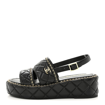 Chanel Shiny Lambskin Quilted Chain Around CC Platform Sandals 40 Black 1 of 9