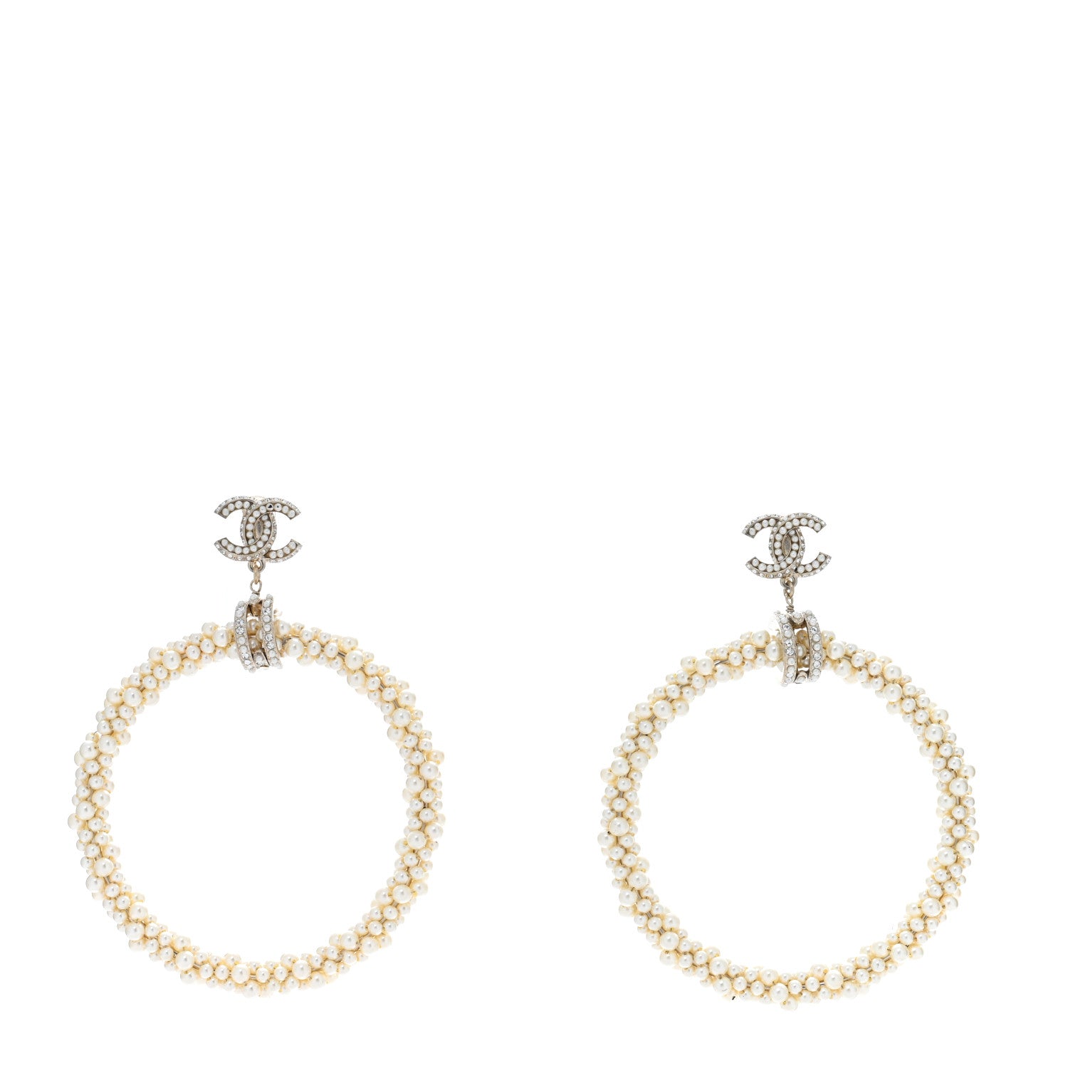 Chanel Crystal Pearl CC Hoop Earrings Gold Pearly White 1 of 5