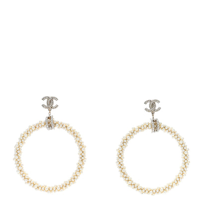 Chanel Crystal Pearl CC Hoop Earrings Gold Pearly White 1 of 5