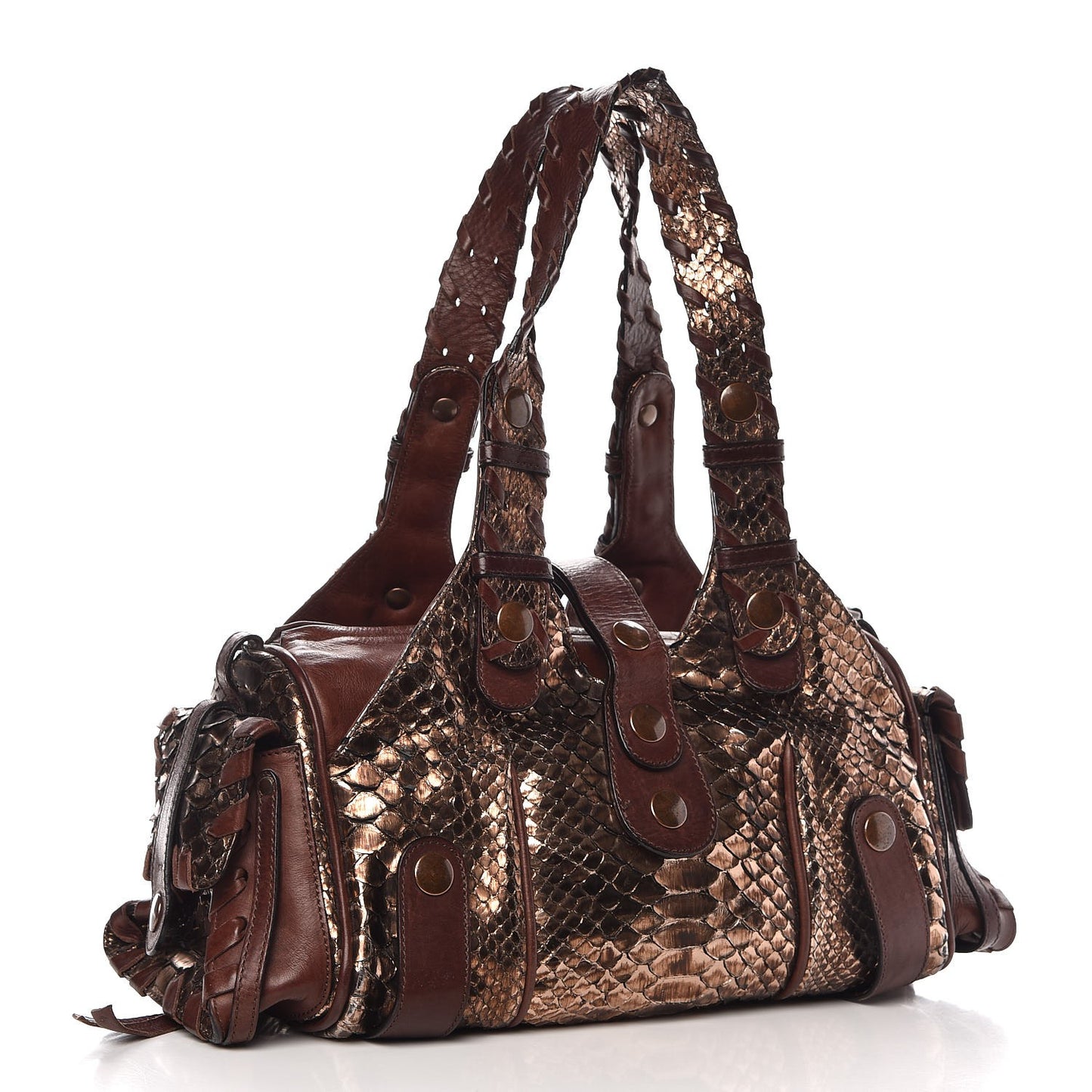 Metallic Python Calfskin Silverado Shoulder Bag Brown