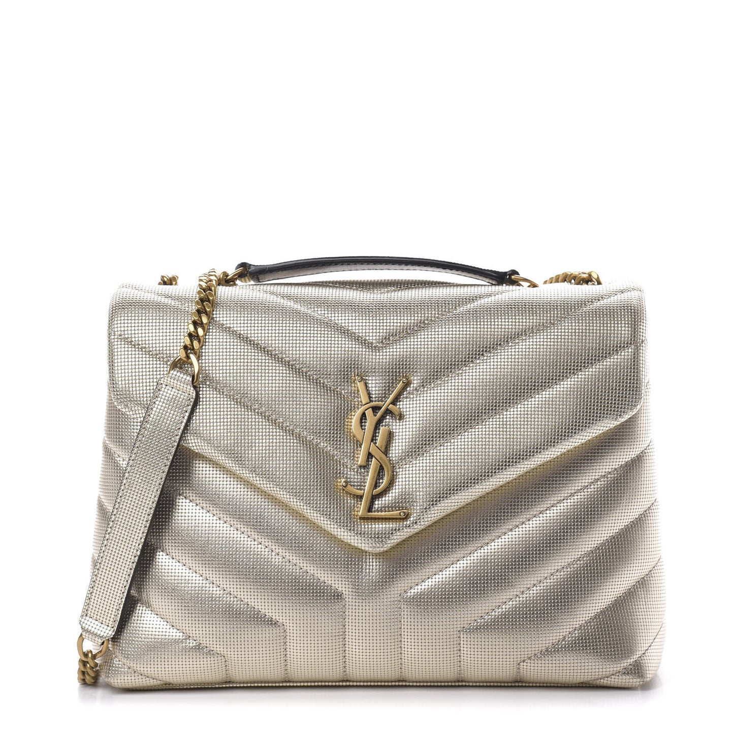 Metallic Calfskin Y Quilted Small Loulou Monogram Chain Satchel Platino