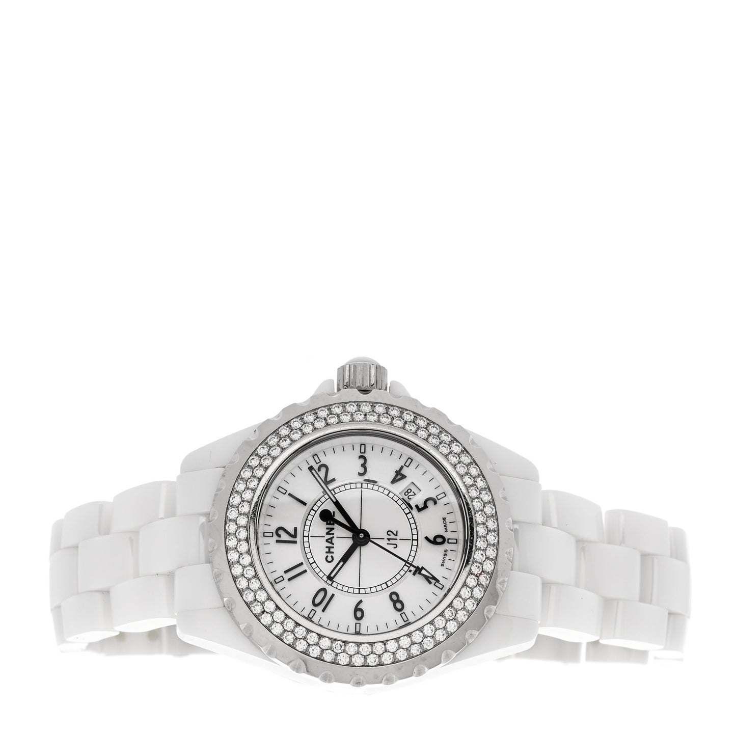 Stainless Steel Ceramic Diamond Pave Bezel 33mm J12 Quartz Watch White