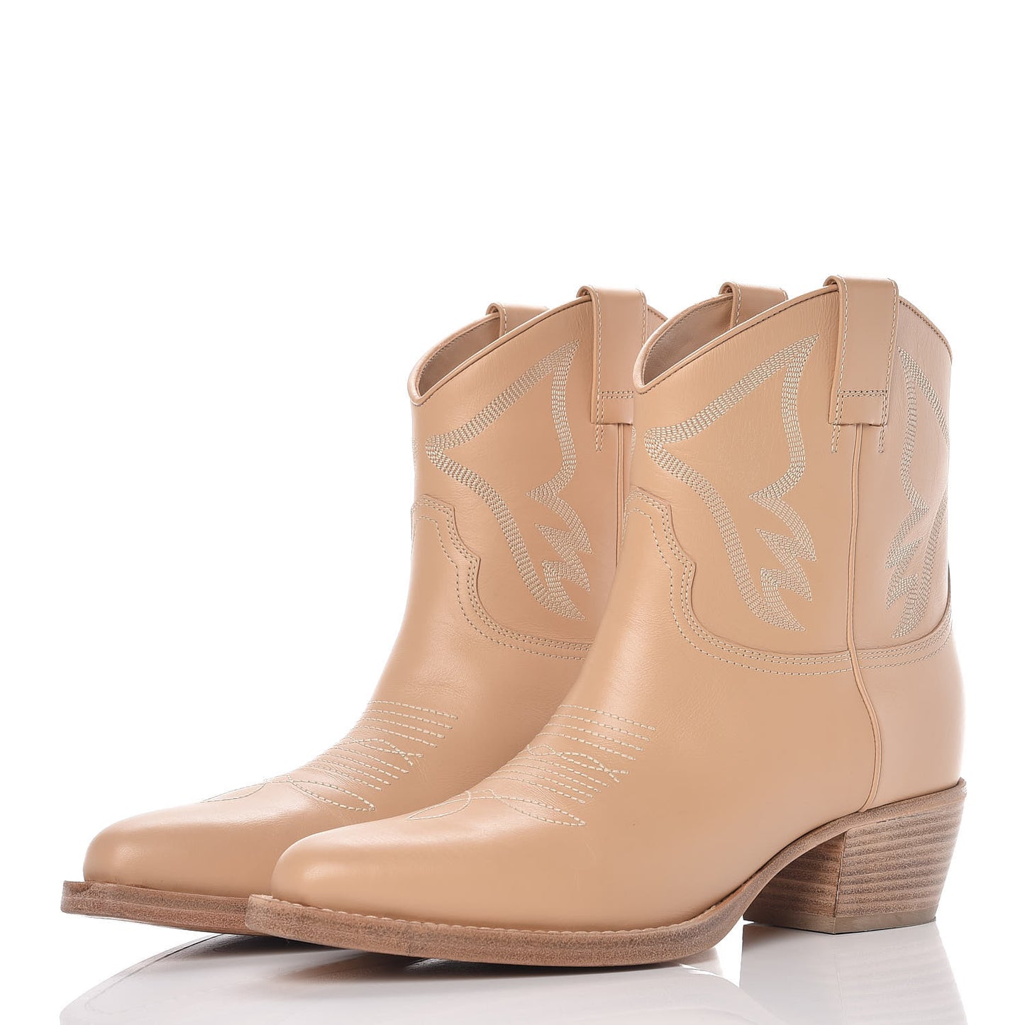Calfskin Embroidered Texan Cowboy Ankle Boots 39 Beige