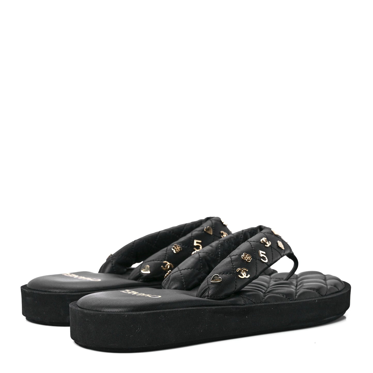Lambskin Quilted Padded Charms Thong Sandals 39 Black