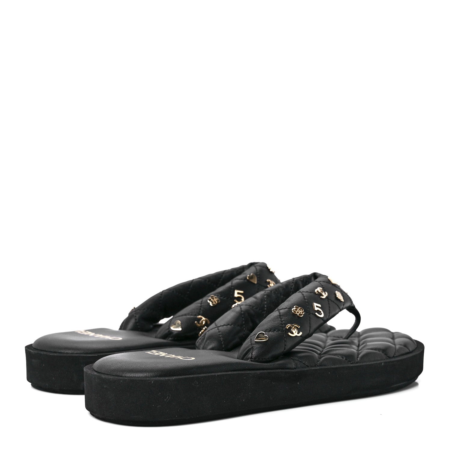Chanel Lambskin Quilted Padded Charms Thong Sandals 39 Black 4 of 7