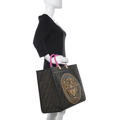 Fendi X VERSACE Fabric Jacquard Calfskin Plexiglass Fendace FF Medusa Studded Large Fendi Sunshine Shopper Tote Marrone Fuxia 2 of 10