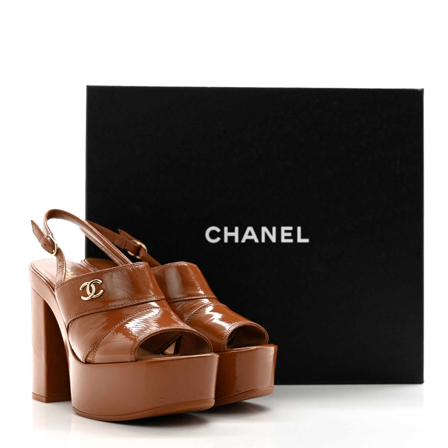 Chanel Crumpled Patent Lambskin Platform Sandals 37 Light Brown 11 of 11
