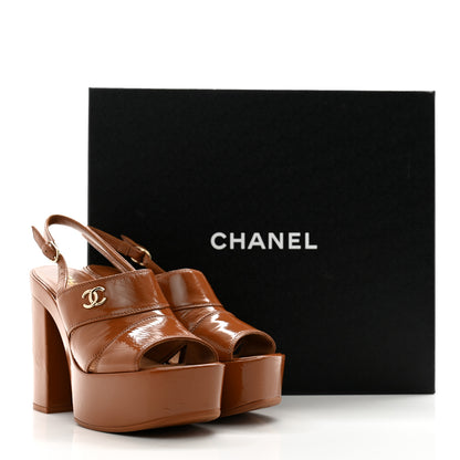 Chanel Crumpled Patent Lambskin Platform Sandals 37 Light Brown 11 of 11