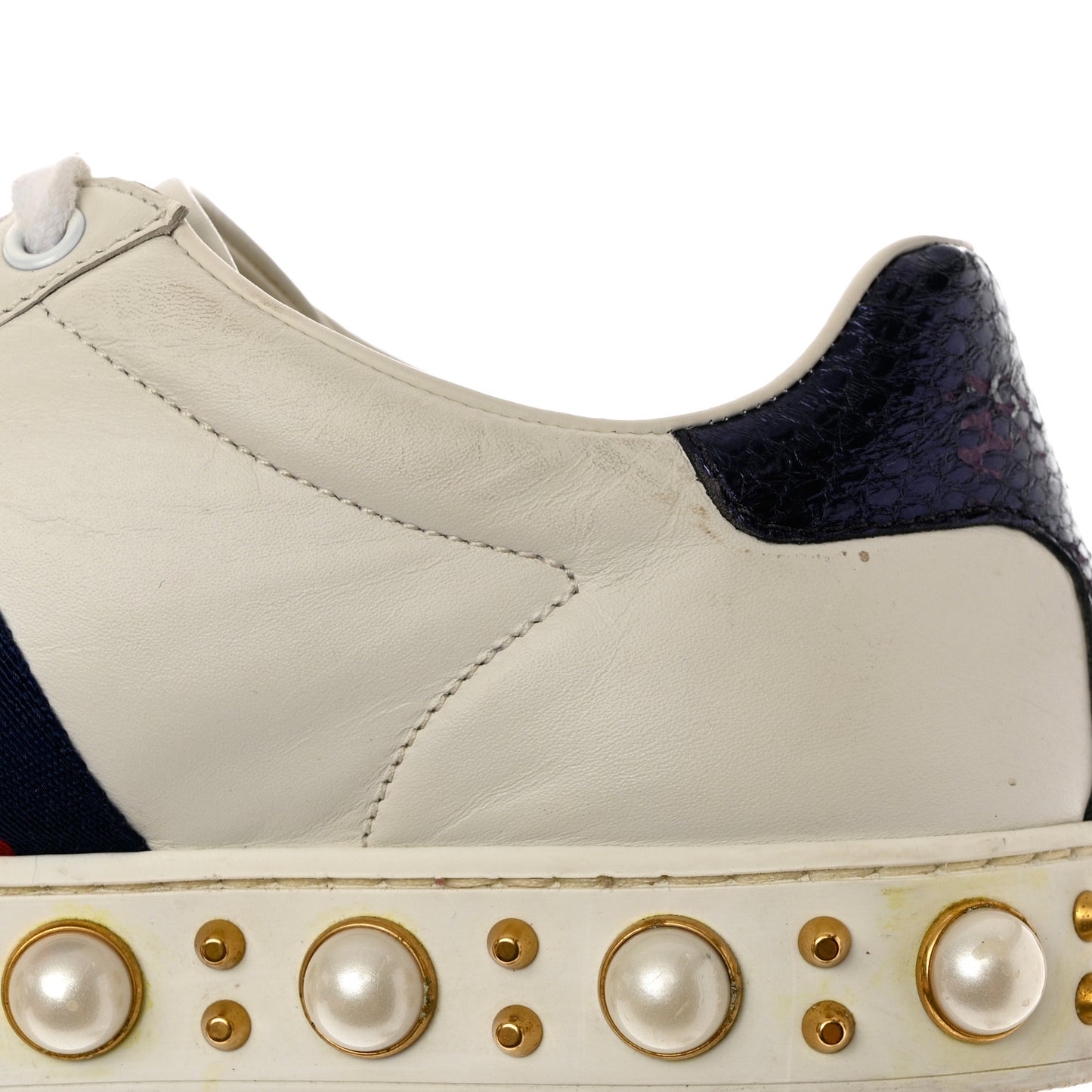 Calfskin Ayers Web Pearl Studded Womens Ace Sneakers 37 White