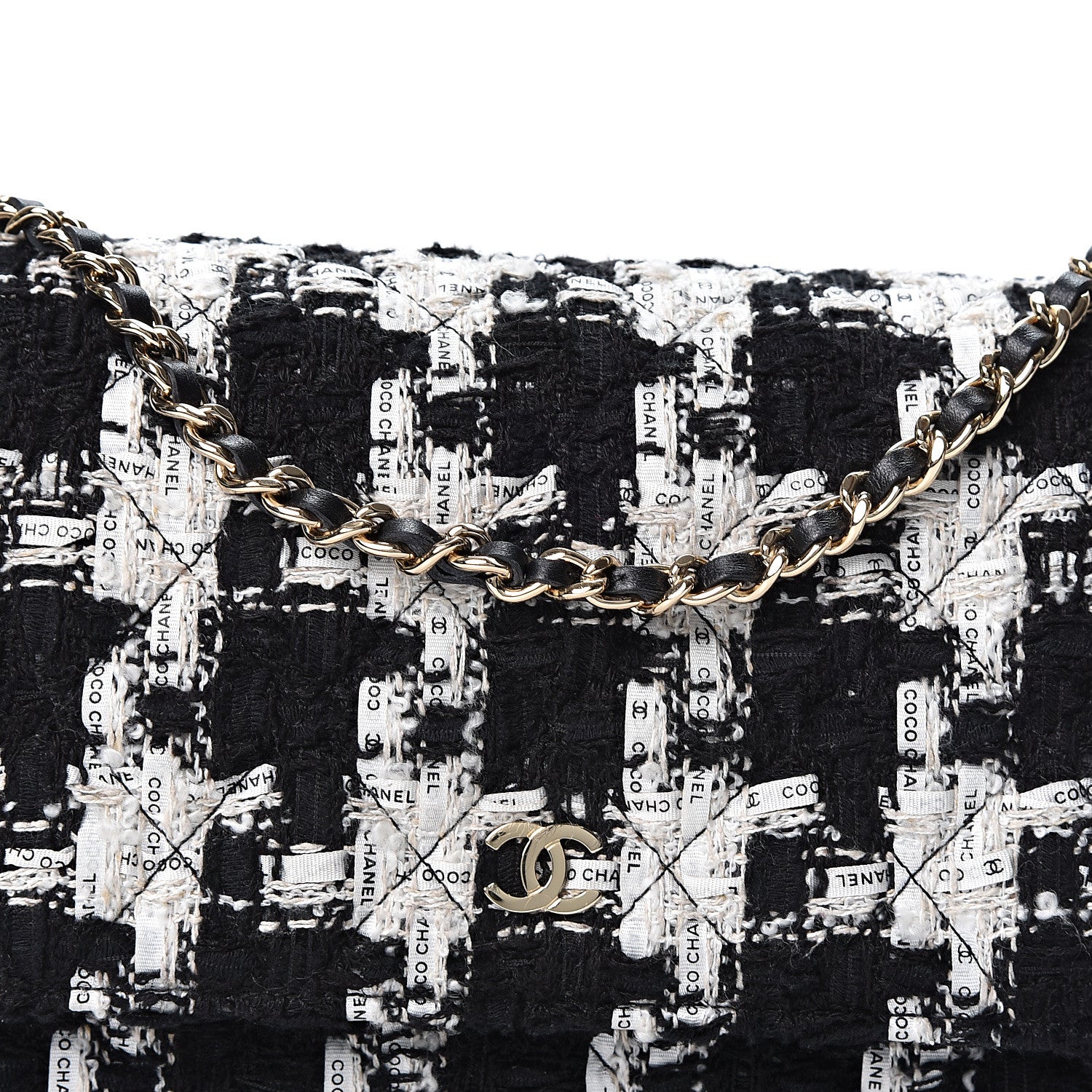 Chanel Tweed Quilted Wallet On Chain WOC Black Ecru White 7 of 10