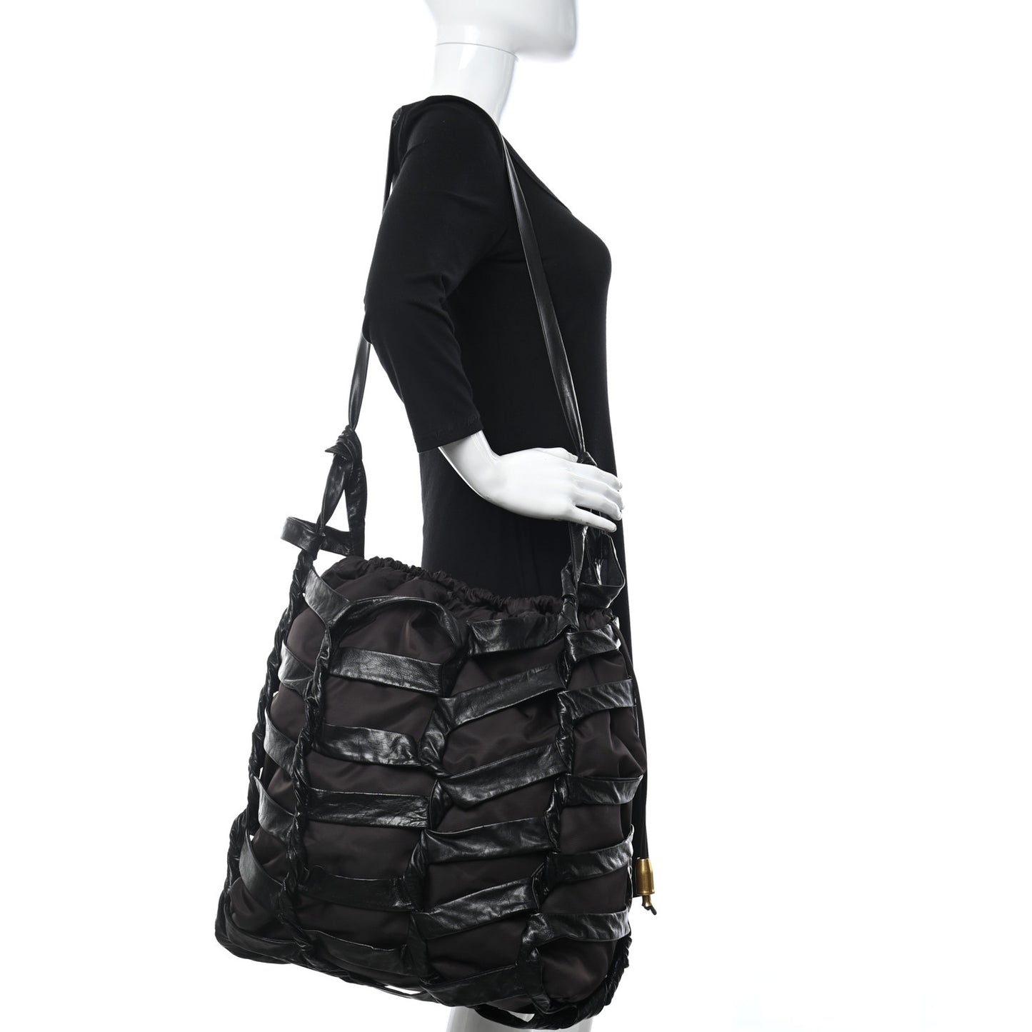 Calfskin Nylon Tape Bucket Bag Black