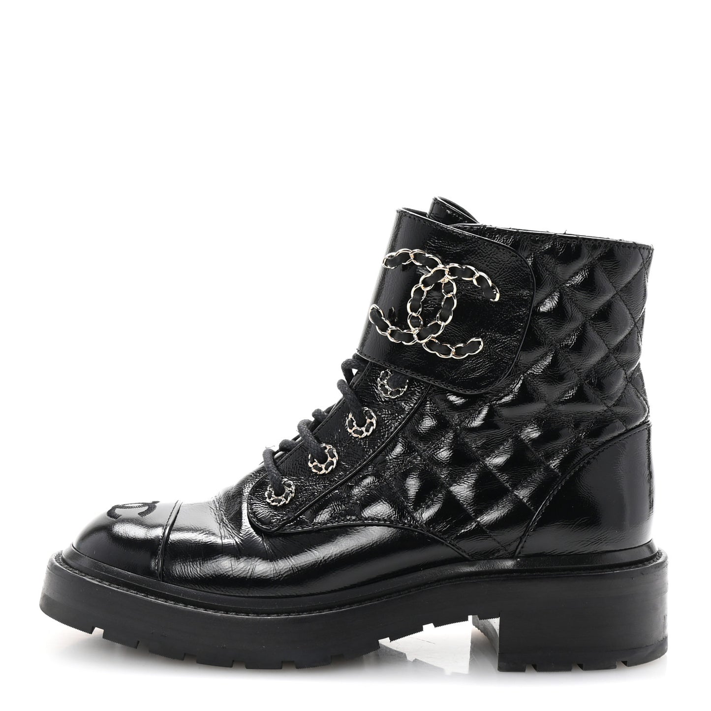 Shiny Calfskin Quilted Lace Up Combat Boots 37 Black