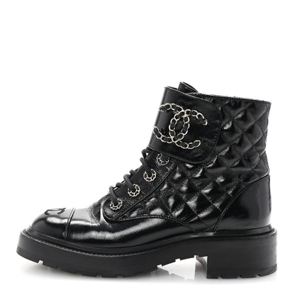 Chanel Shiny Calfskin Quilted Lace Up Combat Boots 37 Black 1 of 9