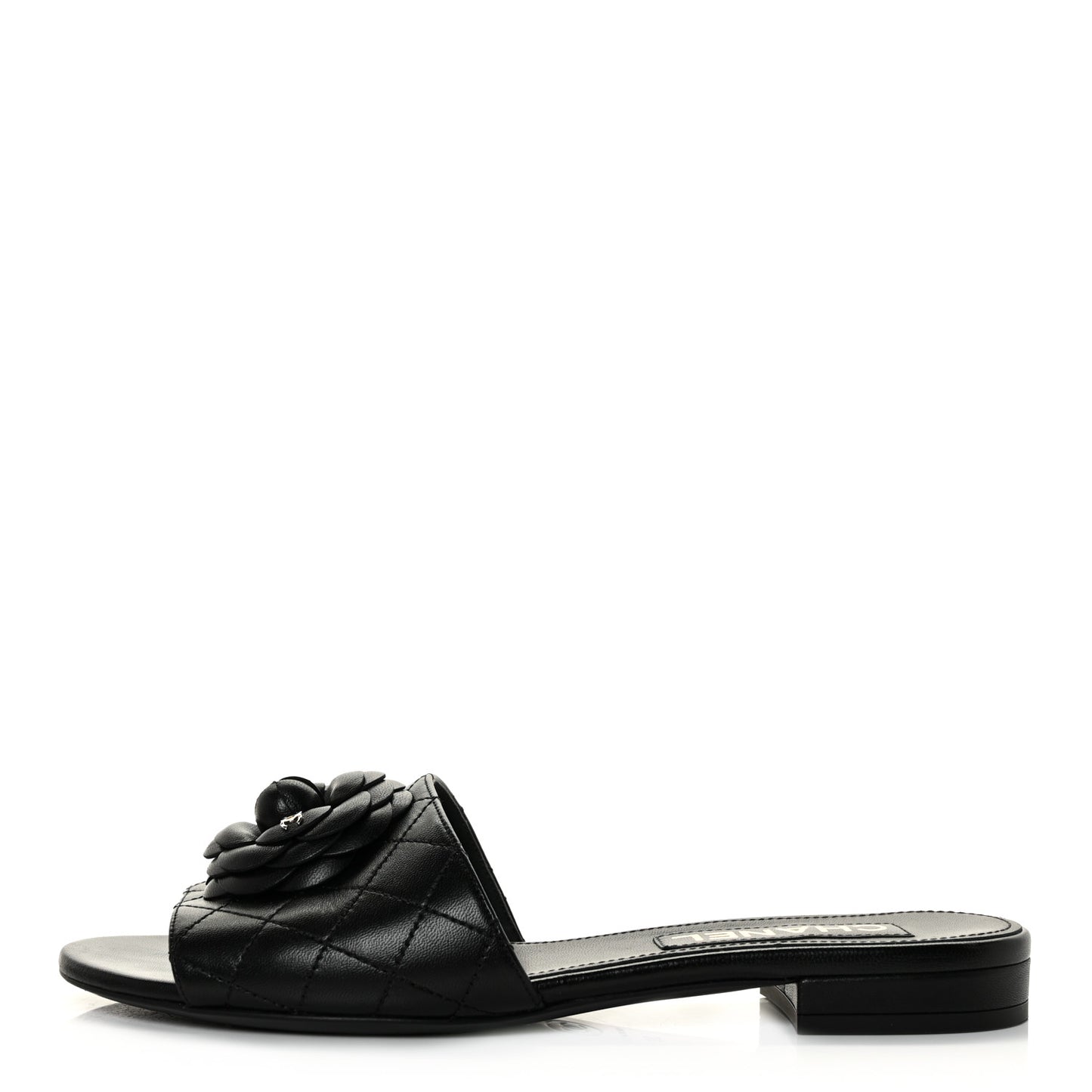 Lambskin Quilted Camellia CC Slides 39 Black