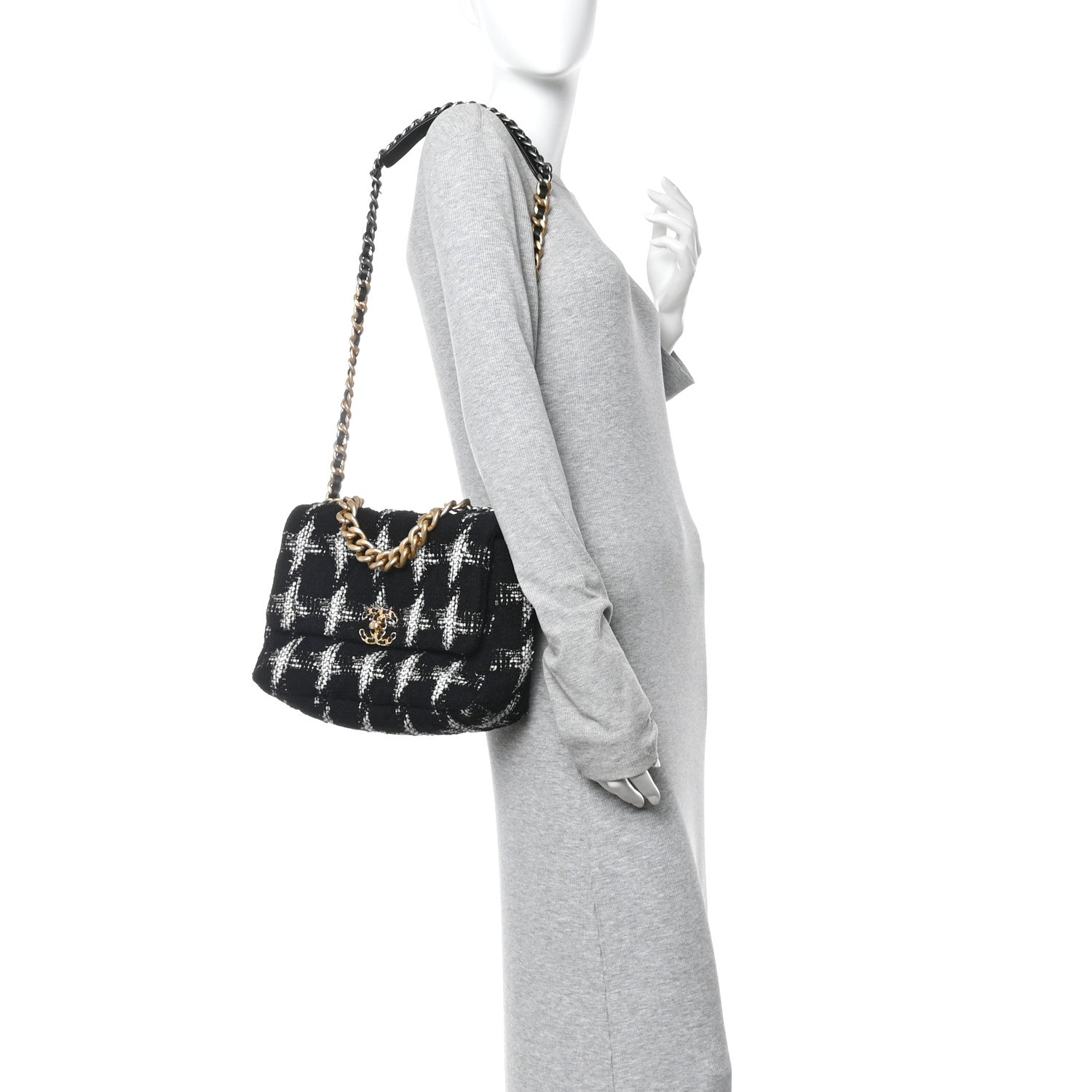 Chanel Tweed Quilted Large Chanel 19 Flap Black White 2 of 11