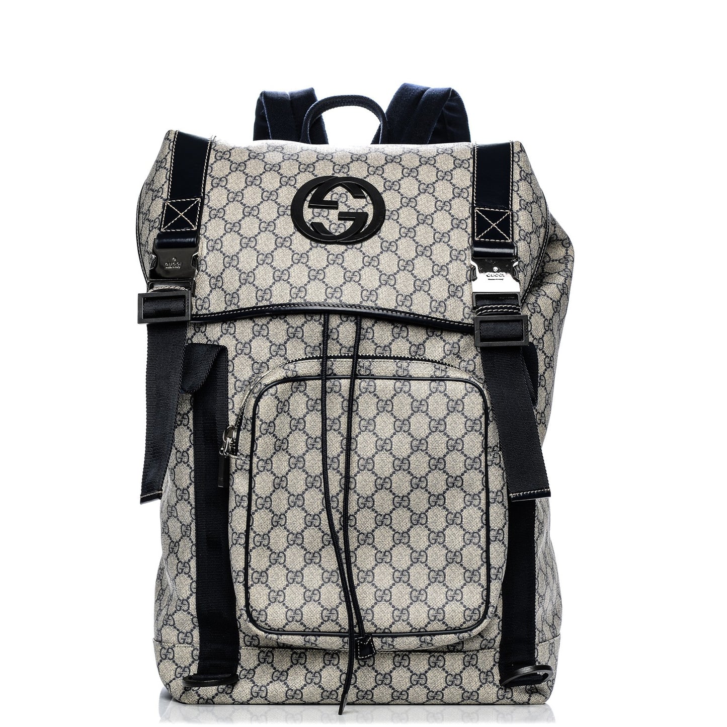 GG Supreme Monogram Large Interlocking G Double Buckle Backpack Navy