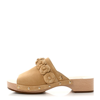 Chanel Suede Calfskin Camellia Mules 38 Beige 1 of 8