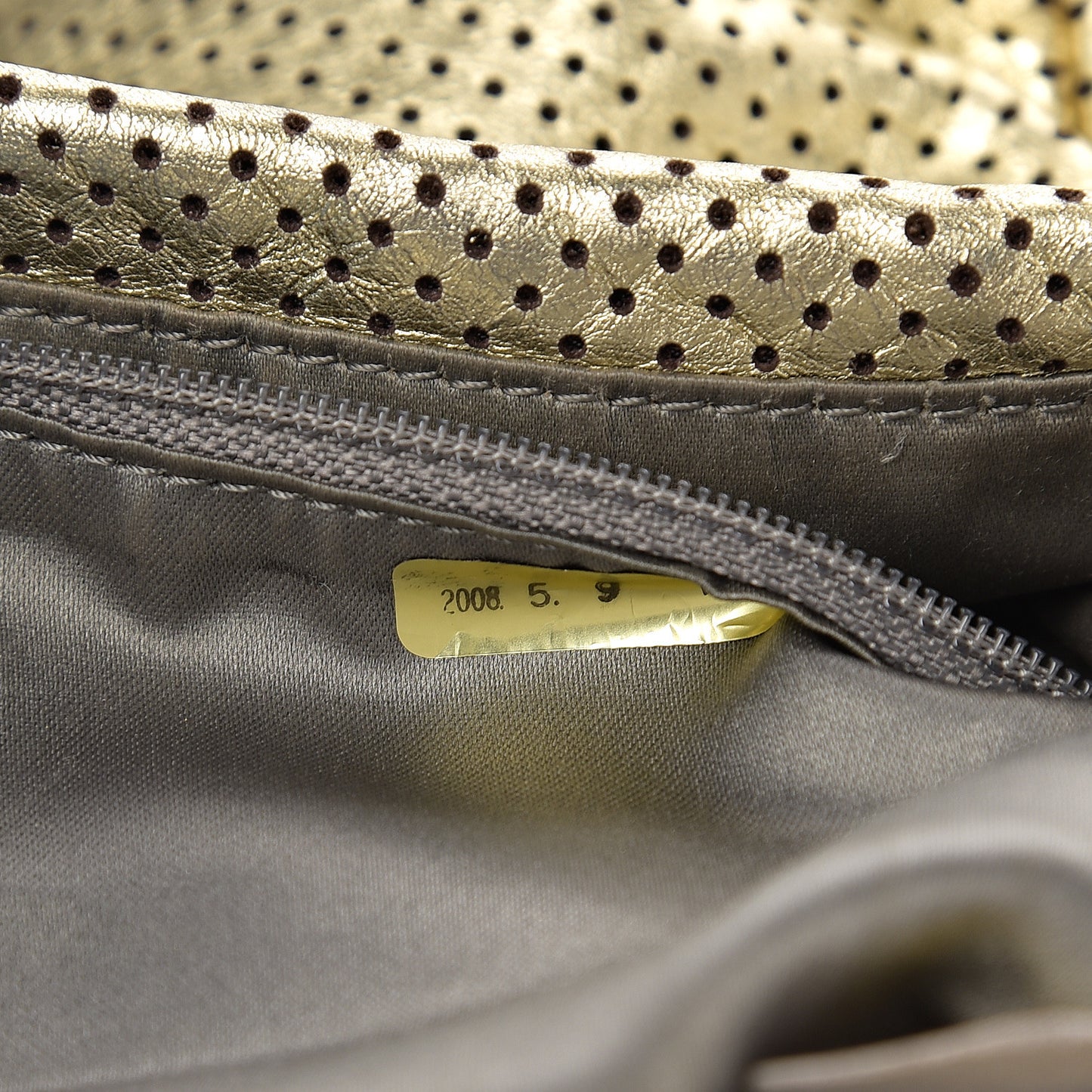Metallic Crackled Calfskin Perforated Large Drill Flap Gold