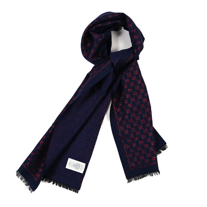 Gucci Wool Silk Jacquard GG Monogram Stenix Scarf Navy Red 1 of 3