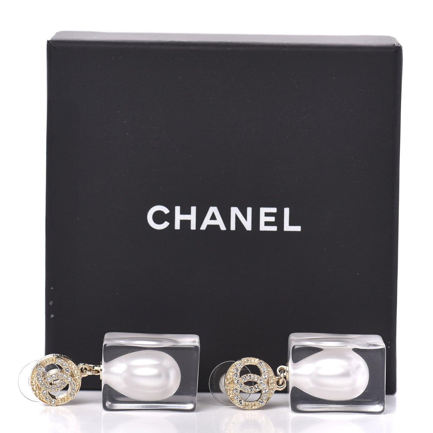 Crystal Lucite Pearl CC Drop Earrings Gold