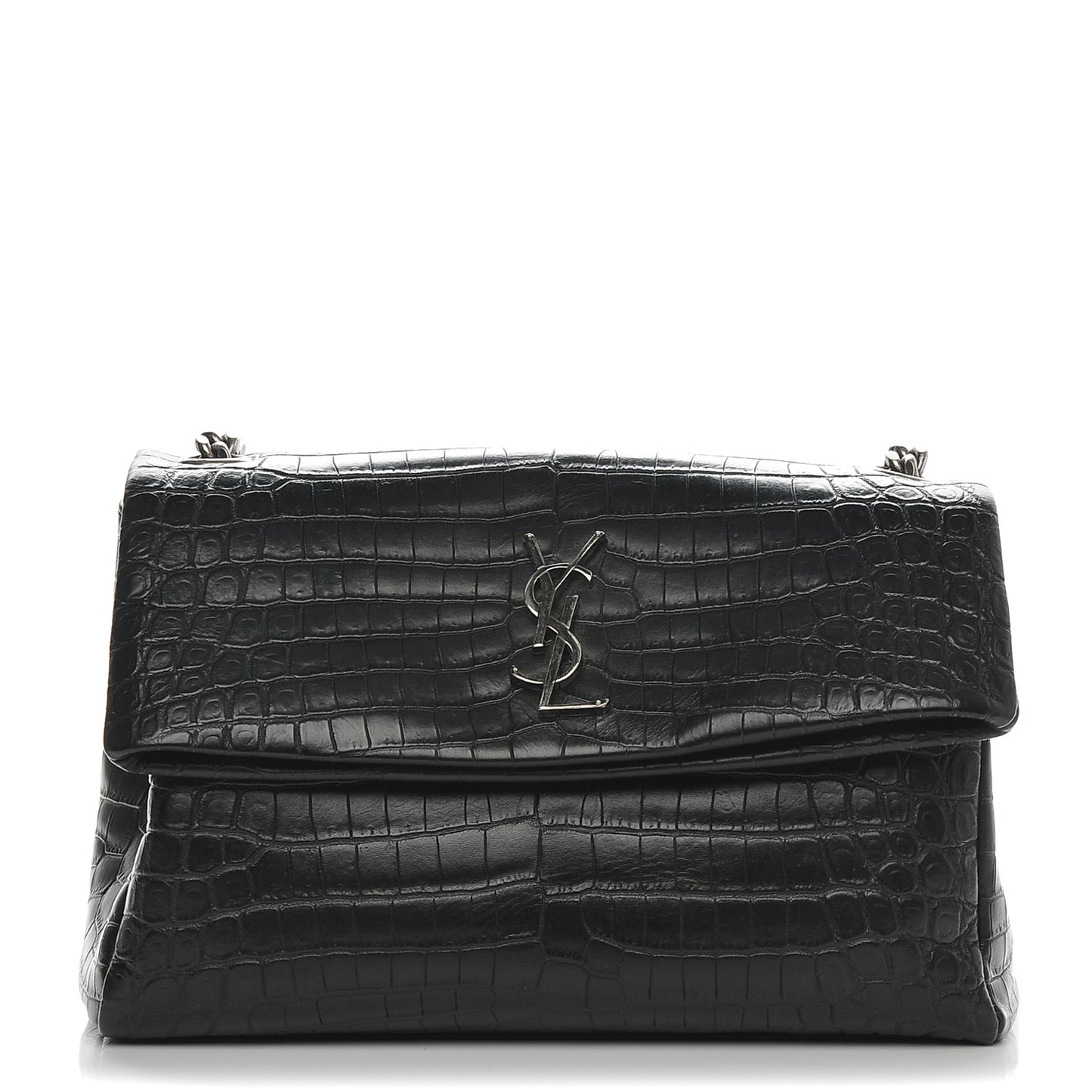 Calfskin Crocodile Embossed Medium West Hollywood Monogram Fold-Over Black