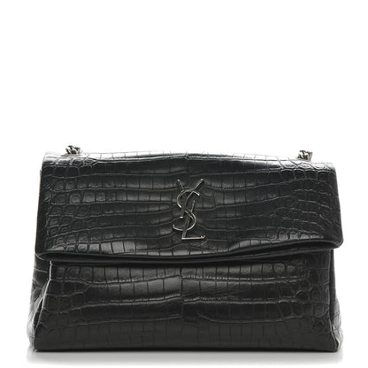 Saint Laurent Calfskin Crocodile Embossed Medium West Hollywood Monogram Fold-Over Black 1 of 6