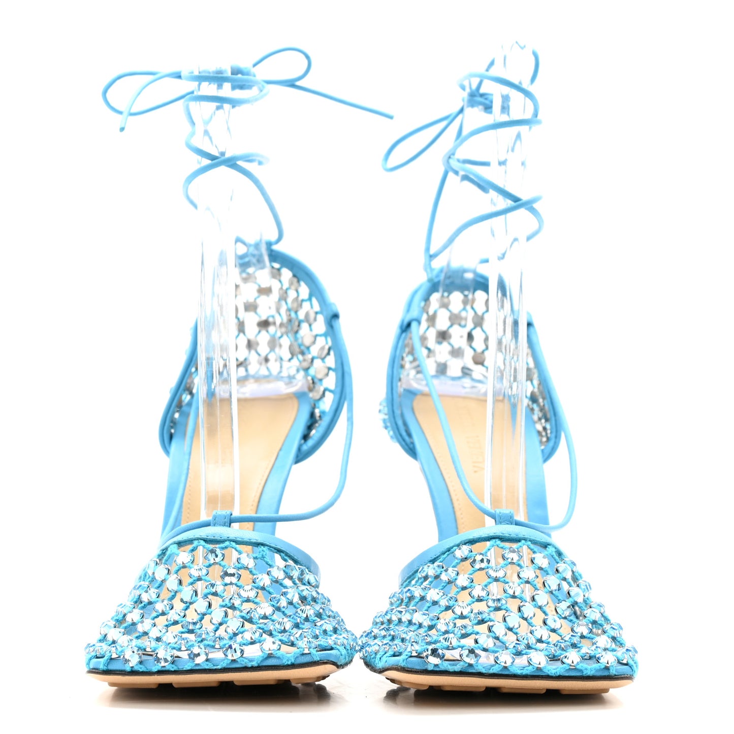 Mesh Nappa Crystal Embellished Sparkle Stretch Ankle Tie 90mm Sandals 39 Pool