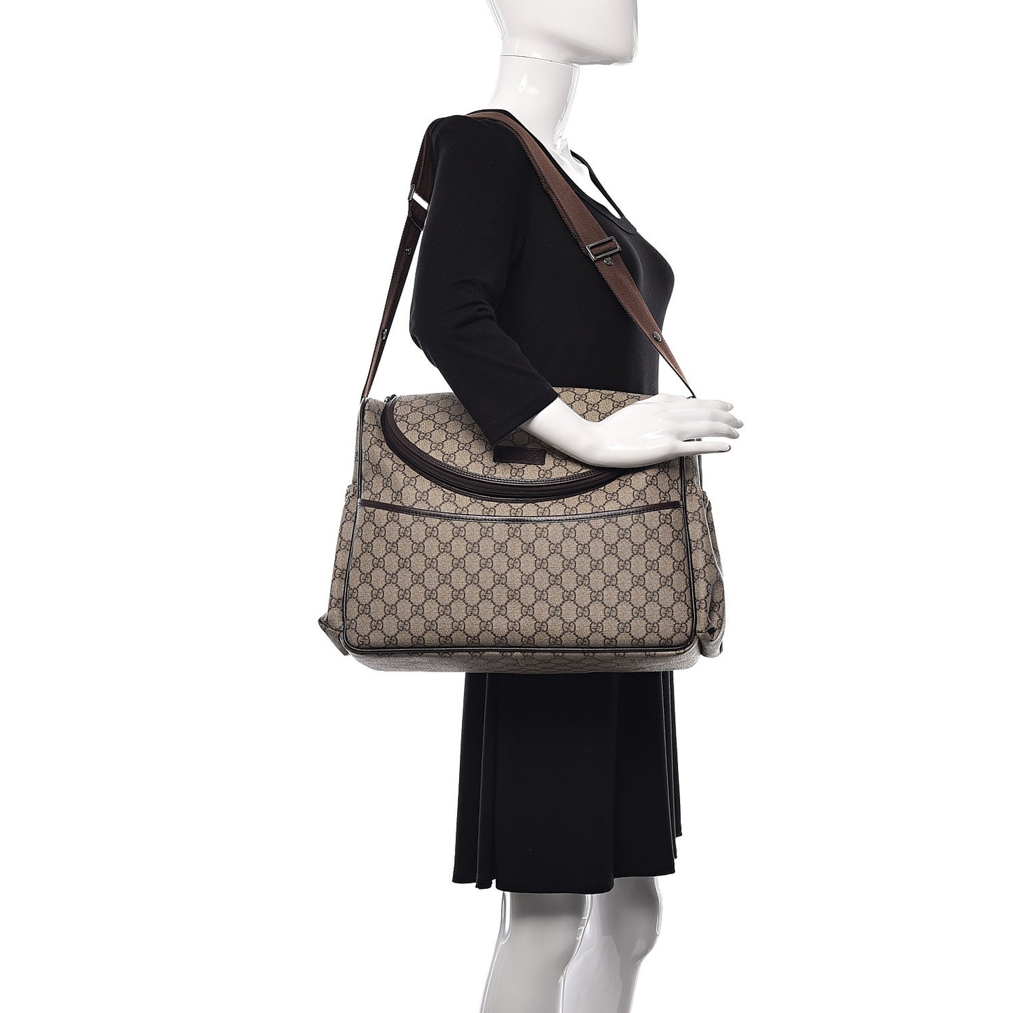 GG Supreme Monogram Selleria Calfskin Large Diaper Bag Beige Ebony Cocoa Dark Chocolate