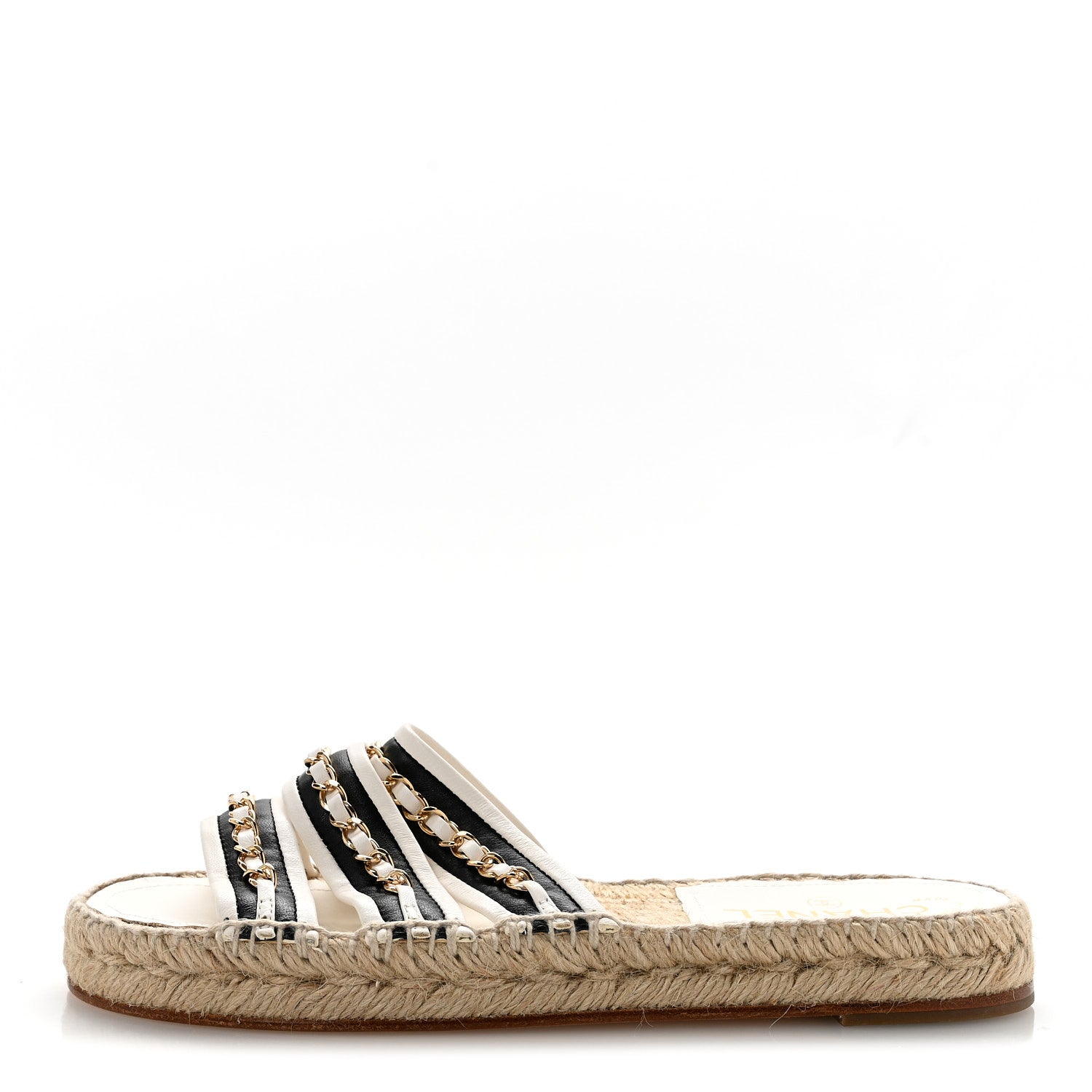Chanel Lambskin Chain Espadrille Slip On Sandals 39 Black White 1 of 10