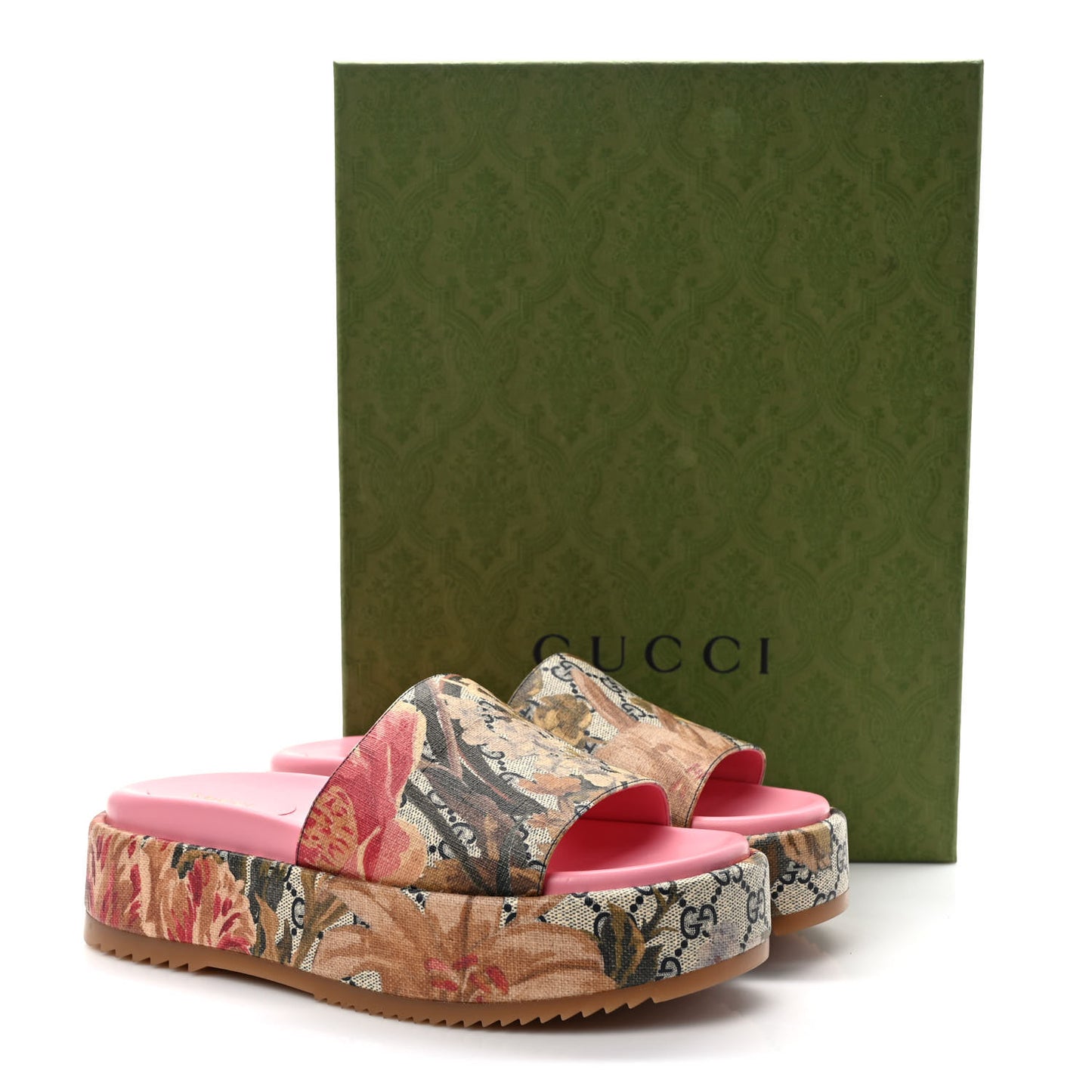 GG Supreme Monogram Water Flora Angelina Platform Slide Sandals 39 Beige Blue Multicolor