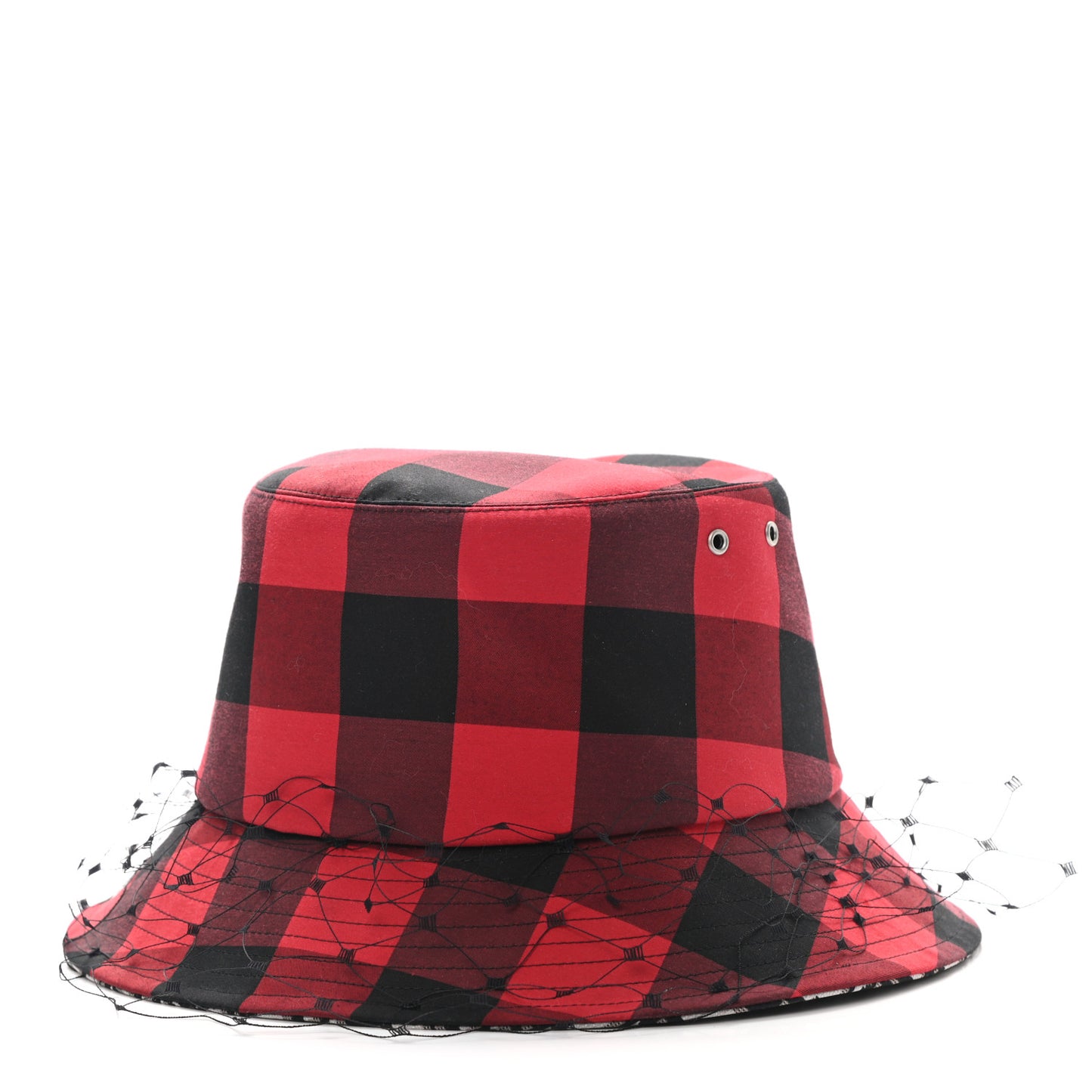 Cotton Large Brim Bucket Hat with Veil 57 Black Red